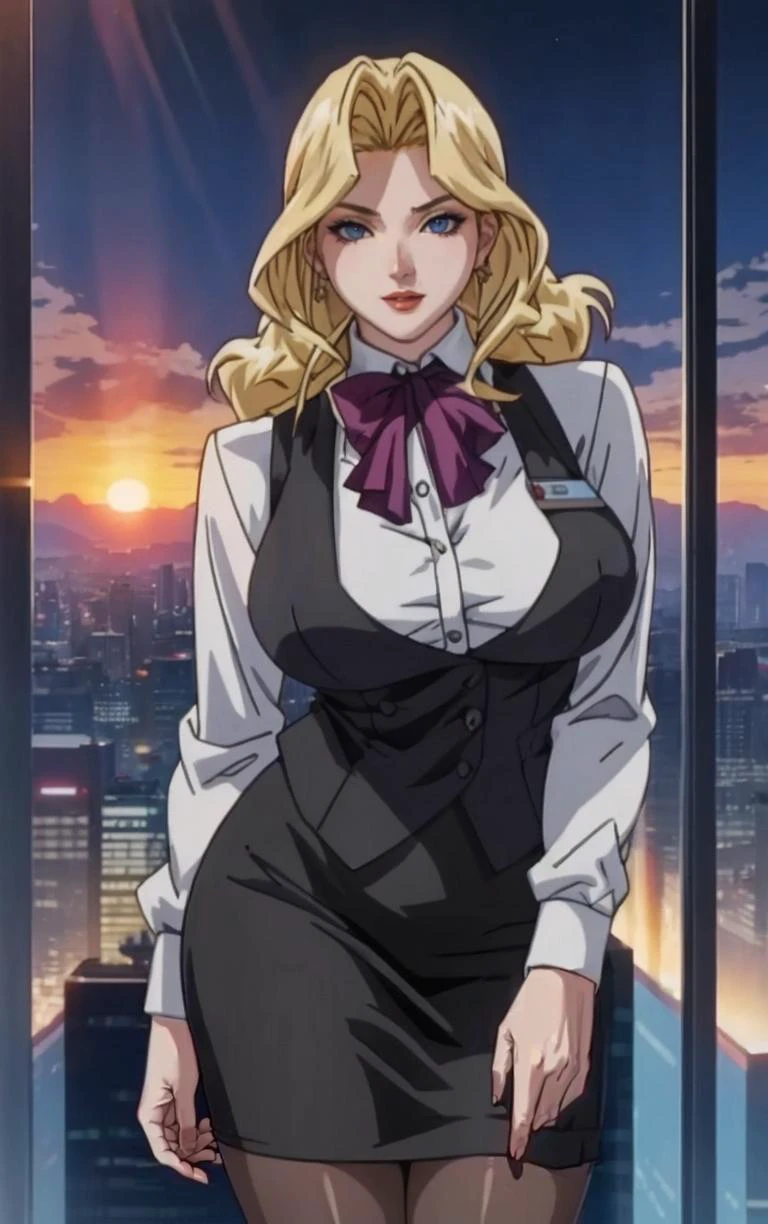 Dress_AliceNonoyama_ownwaifu,
1girl, blonde hair, long hair, blue eyes, lips, mature female, eyelashes, earrings, jewelry, red lips, nail polish, lipstick, makeup, large breasts, breasts,
bow, vest, skirt suit, pencil skirt, name tag, ascot, bowtie, uniform, long sleeves, office lady, black pantyhose,
<lora:FAP_CHR_Lingeries_AliceNonoyama_ownwaifu:0.8>,
((masterpiece)),((best quality)),((anime screencap, game_cg)), original, official_art, chromatic_aberration, bokeh, depth_of_field, skyline, scenery, cloudy_sky, sunset, outdoors, day, looking at viewer, solo, cowboy shot,