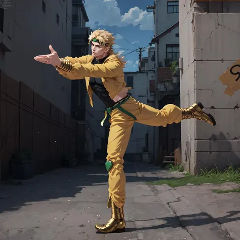 Highly detailed, High Quality, Masterpiece, beautiful, IncrsSakanaMeme, full body, standing on one leg, <lora:SakanaMeme:1>, dio, jacket, pants, headband, <lora:Char_Sigmas_Dio:0.7>, 1boy,