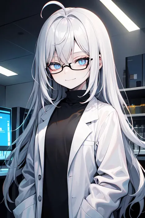 best quality,8k wallpaper,1girl,(solo:1.3), (flat chest:1.0), (evil smile,smirk,closed mouth:1.2),pale skin, pale skin shade, shiny oily skin, intricate white hair, absurdly long hair, ahoge, blue eyes, glasses,Bags under eyes, (squinting eyes:1.2), eyelashes, black shirt, lab coat, futuristic lab, blue theme, cybernetic, blue energy, looking at viewer, empty eyes