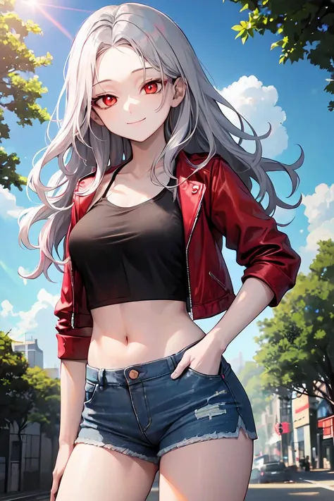 best quality,8k wallpaper, 1girl, solo, silver hair, long hair, wavy hair, (forehead:1.2),(red eyes:1.1), smile, medium breasts, (half-closed eyes:1.2), adult, mature, black camisole crop top, sunny, lens flare, blue sky, city, clouds, denim shorts, hand in pocket, red jacket, trees
