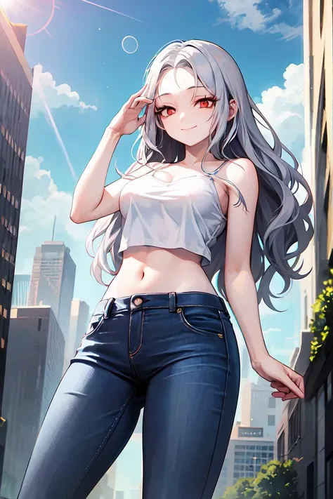 1girl, solo,silver hair, long hair, wavy hair, (forehead:1.1),(red eyes:1.1), smile, medium breasts, hand in hair, (half-closed eyes:1.2), adult, mature, white camisole crop top, sunny, lens flare, blue sky, city, clouds, jeans, from below