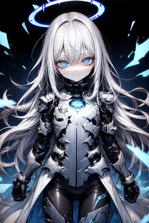 best quality,8k wallpaper,1girl,(solo:1.3), (flat chest:1.0), (evil smile, closed mouth:1.2),pale skin, pale skin shade, shiny oily skin, white hair, (absurdly long hair:1.2), ahoge, blue eyes,Bags under eyes, (squinting eyes:1.2), eyelashes, black shirt, white coat, futuristic lab, blue theme, cybernetic, blue energy, looking at viewer, empty eyes, (armored:1.2), blue electricty, black and white bodysuit, glow, tactical gloves, blue portal,  <lora:add_detail:1> <lora:r1ge - AnimeRage:0.3>, purple corruption, background energy halo