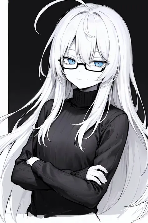 best quality,8k wallpaper, 1girl, pencil drawing, sketch, monochrome, 1girl, blue eyes, absurdly long hair, ahoge, white hair, (flat chest:1.1), expressionless eyes, sweater, half-closed eyes, long sleeves, evil smile, smirk, closed mouth, dynamic angle, crossed arms, glasses, teacher