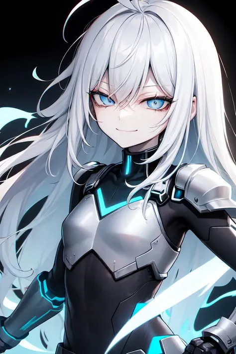 best quality,8k wallpaper,1girl,(solo:1.3), (flat chest:1.0), (evil smile,smirk,closed mouth:1.2),pale skin, pale skin shade, shiny oily skin, white hair, absurdly long hair, ahoge, blue eyes,Bags under eyes, (squinting eyes:1.2), eyelashes, black shirt, lab coat, futuristic lab, blue theme, cybernetic, blue energy, looking at viewer, empty eyes, (armored:1.2), blue electricty, black and white bodysuit, glow, gauntlets