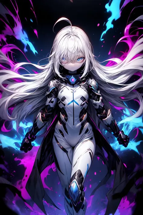 best quality,8k wallpaper,1girl,(solo:1.3), (flat chest:1.0), (expressionless, closed mouth:1.2),pale skin, pale skin shade, shiny oily skin, white hair, (absurdly long hair:1.2), ahoge, blue eyes,Bags under eyes, (squinting eyes:1.2), eyelashes, black shirt, white coat, futuristic lab, blue theme, cybernetic, blue energy, looking at viewer, empty eyes, (armored:1.2), blue electricty, black and white bodysuit, glow, tactical gloves, blue portal,  <lora:add_detail:1> <lora:r1ge - AnimeRage:0.5>, phantasmal, spectra, soft fabric wasit extension, space, dynamic pose, goddess, destruction, apocalypse, purple energy, walking
