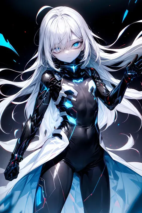 best quality,8k wallpaper,1girl,(solo:1.3), (flat chest:1.0), (expressionless, closed mouth:1.2),pale skin, pale skin shade, shiny oily skin, white hair, (absurdly long hair:1.2), ahoge, blue eyes,Bags under eyes, (squinting eyes:1.2), eyelashes, black shirt, white coat, futuristic lab, blue theme, cybernetic, blue energy, looking at viewer, empty eyes, (armored:1.2), blue electricty, black and white bodysuit, glow, tactical gloves, blue portal,  <lora:add_detail:1> <lora:r1ge - AnimeRage:0.5>, phantasmal, spectra, soft fabric wasit extension, space, dynamic pose