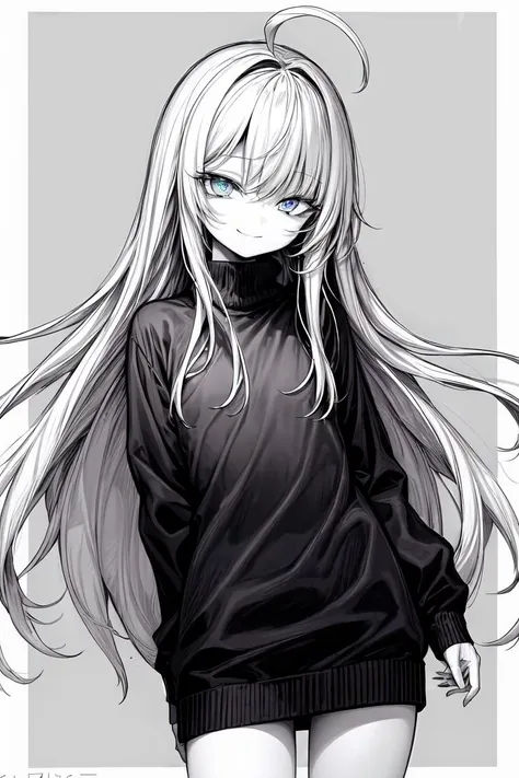 best quality,8k wallpaper, 1girl, pencil drawing, sketch, monochrome, 1girl, blue eyes, absurdly long hair, ahoge, white hair, (flat chest:1.1), expressionless eyes, sweater, half-closed eyes, long sleeves, eivl smile, smirk, closed mouth, <lora:add_detail:1>