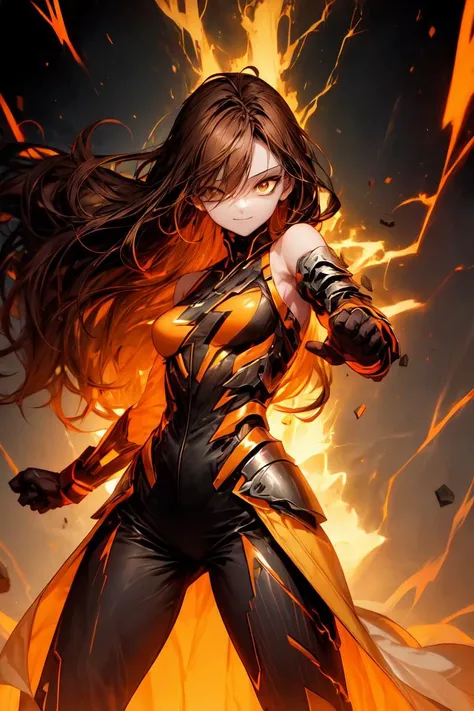 best quality,8k wallpaper,1girl, solo, absurdly long hair, brown hair, ahoge,  brown eyes, (half-closed eyes:1.1), expressionless, medium breasts, futuristic, armored, white coat, yellow lightning, adult, mature, fighting pose, bare shoulders, orange theme, lightning, floating rubble <lora:add_detail:1> <lora:r1ge - AnimeRage:0.5>, evil smile