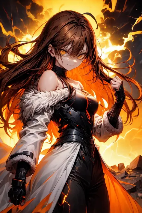 best quality,8k wallpaper,1girl, solo, absurdly long hair, brown hair, ahoge,  brown eyes, cold attitude, expressionless, medium breasts, armored, white coat, yellow lightning, adult, mature, fighting pose, off-shoulder, orange theme, lightning, floating rubble <lora:add_detail:1> <lora:r1ge - AnimeRage:0.5>, evil smile, fur-trimmed