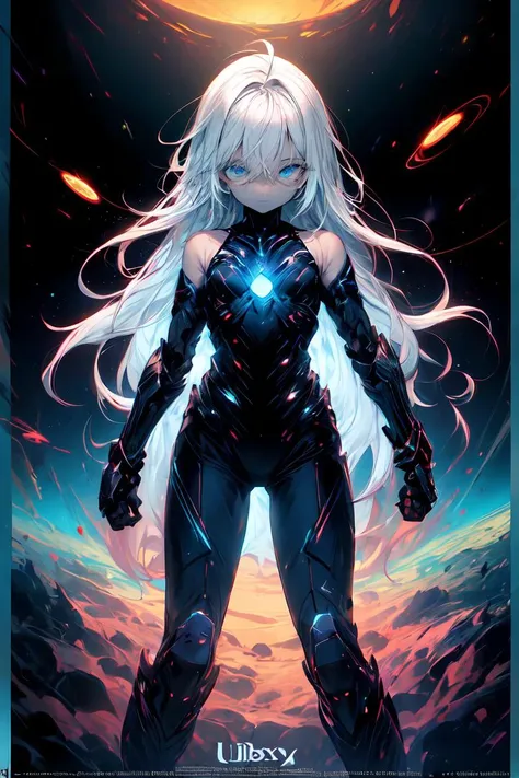 best quality,8k wallpaper,1girl, solo, white hair, (absurdly long hair:1.1), ahoge, flat chest, blue eyes, expressionless, pale skin, goddess, space, nebula, planets, blue energy, soft fabric waist extension, white robe, bare shoulders, gauntlets, (half-closed eyes:1.1), blue particles, dynamic pose, skeleton armor, spectral, phantasmal, blue portal, lens flare, galaxy, (movie poster:1.2) <lora:add_detail:1> <lora:r1ge - AnimeRage:0.5>