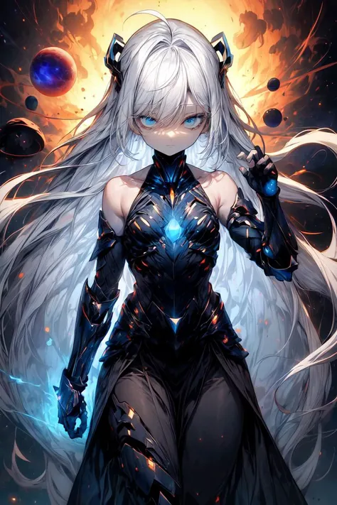 best quality,8k wallpaper,1girl, solo, white hair, (absurdly long hair:1.1), ahoge, flat chest, blue eyes, expressionless, pale skin, goddess, space, nebula, planets, blue energy, soft fabric waist extension, white robe, bare shoulders, gauntlets, half-closed eyes, blue particles, fighting pose, skeleton armor <lora:add_detail:1> <lora:r1ge - AnimeRage:0.5>