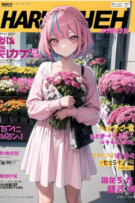 1girl, solo,(intricate pink hair,streaked hair,shaggy cut,french braid:1.2),(pink eyes:1.1),(magazine cover,flowershop:1.2),Streetwear outfit,spring fashion,holding  bouquet <lyco:Clothing_brand:0.6>