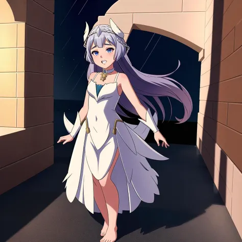 Veyle, Veyle \(fire emblem\), Veyle \(fire emblem engage\), 1girl, long hair, dress, barefoot, chain, collar, looking at viewer, gloves, standing, star (sky), white dress, sky, solo, very long hair, full body BREAK Sad, Rain of light, Running with arms behind BREAK Soft shadows, depth-based eye shading, dynamic wrinkles, 3D facial scanning, adaptive skin tones, accurate teeth and gum shading, lip gloss rendering, skin moisture simulation