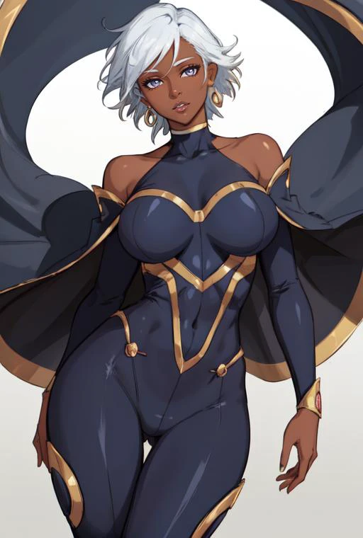 beautiful, (masterpiece:1.2), (best quality:1.2), perfect lighting, close up, upper half, 1girl, Ororo, dark skin, short hair, earrings, bodysuit,exposed shoulders, pants, large breasts, cute, cape foreshortening, depth, <lora:storm-10:0.8>, lab