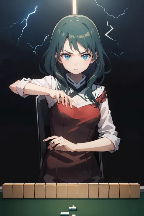(masterpiece, high quality, highres:1),1girl,solo,<lora:mahjong-wasabiya:1>,mahjong,chair,mahjong tile,looking at viewer,sitting,simple background,small breasts ,(beautiful eyes, brown eyes , blue hair , beautiful face),serious,green table, lightning, newtype flash,