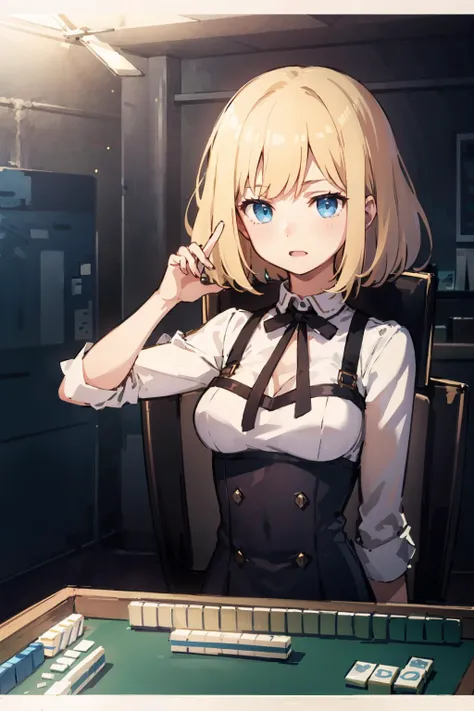 (masterpiece, high quality, highres:1),1girl,solo,<lora:mahjong-wasabiya:1>,mahjong,chair,table,mahjong tile,v,blonde hair,blue eyes,