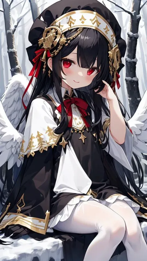 ((incredibly little cute angel, white Gothic angel costume, patterned pantyhose, smile, brilliant red eyes, black hair, Gold ornaments, ))BREAK, 
((Black snow is falling in back ground, in winter forest))