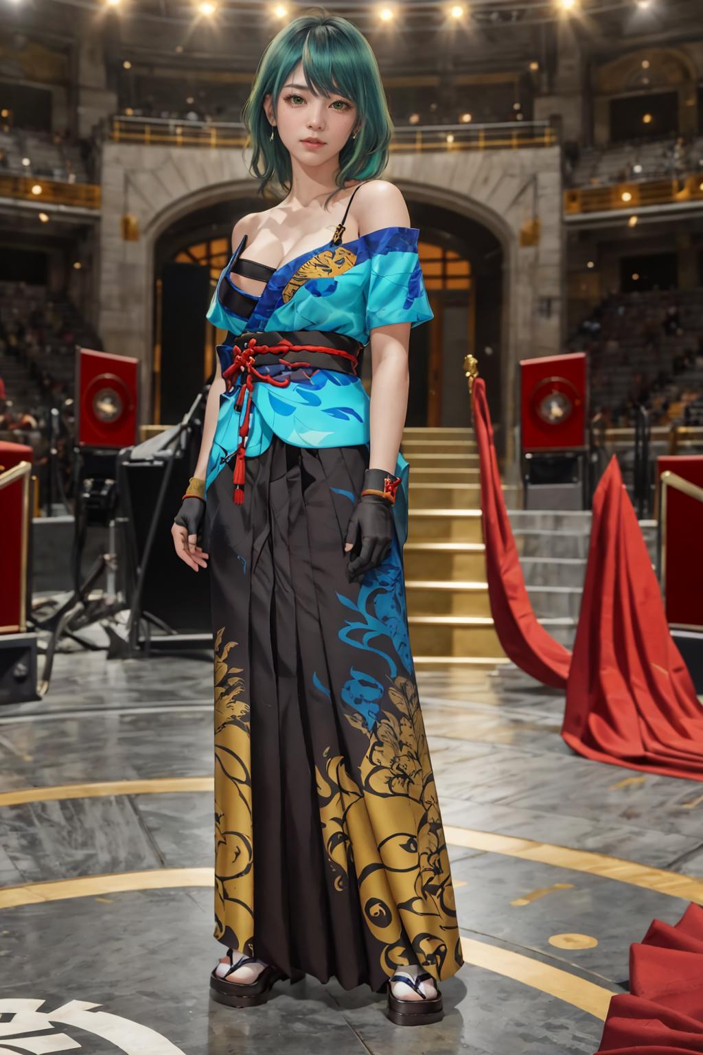 Arafed woman in a blue and gold dress standing in a hall - SeaArt AI