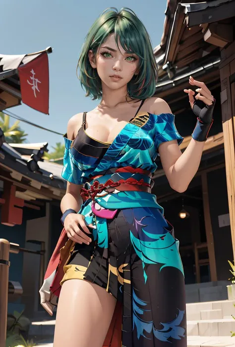 (masterpiece, best quality), 1girl, <lora:TamakiDoA:0.8> TamakiDoA, 1girl, solo, medium hair, green hair, streaked hair, red hair, skirt, green eyes, blue kimono, sash, obi, single bare shoulder, cleavage, wristband, hakama skirt, japanese clothes, single glove, fingerless glove, tabi, hip vent