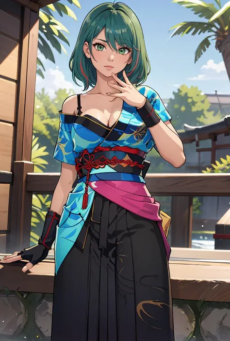 (masterpiece, best quality), 1girl, <lora:TamakiDoA:0.8> TamakiDoA, 1girl, solo, medium hair, green hair, streaked hair, red hair, skirt, green eyes, blue kimono, sash, obi, single bare shoulder, cleavage, wristband, hakama skirt, japanese clothes, single glove, fingerless glove, tabi, hip vent