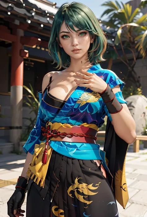 (masterpiece, best quality), 1girl, <lora:TamakiDoA:0.8> TamakiDoA, 1girl, solo, medium hair, green hair, streaked hair, red hair, skirt, green eyes, blue kimono, sash, obi, single bare shoulder, cleavage, wristband, hakama skirt, japanese clothes, single glove, fingerless glove, tabi, hip vent