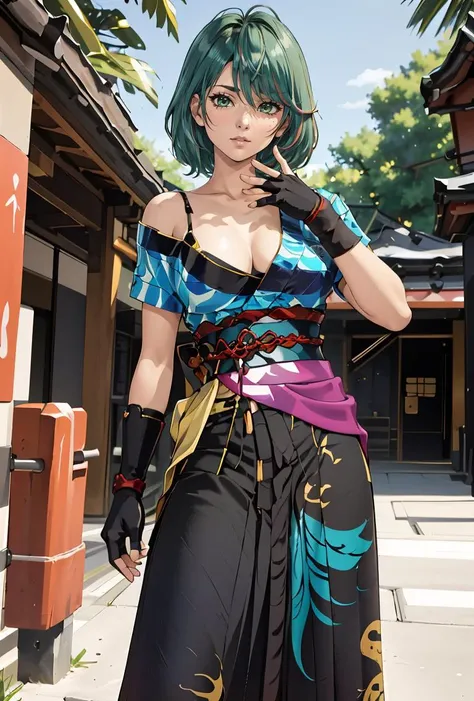 (masterpiece, best quality), 1girl, <lora:TamakiDoA:0.8> TamakiDoA, 1girl, solo, medium hair, green hair, streaked hair, red hair, skirt, green eyes, blue kimono, sash, obi, single bare shoulder, cleavage, wristband, hakama skirt, japanese clothes, single glove, fingerless glove, tabi, hip vent