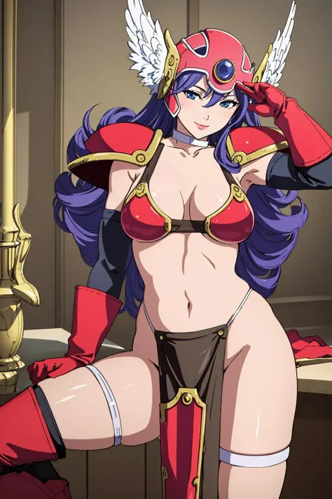 ((Masterpiece, best quality,edgQuality)), 
edgDQ, long hair, breasts, smile, blue eyes, large breasts, gloves, navel, cleavage, purple hair,  choker, elbow gloves, sword, bikini armor, winged helmet, red armor ,wearing edgDQ_armor
 <lora:edgDQuestArmor:1>