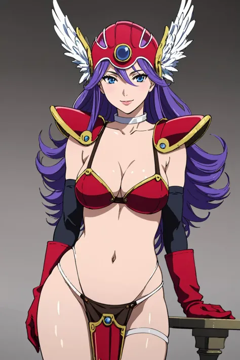 ((Masterpiece, best quality,edgQuality)),
edgDQ, long hair, breasts, smile, blue eyes, large breasts, gloves, navel, cleavage, purple hair, choker, elbow gloves, sword, bikini armor, winged helmet, red armor ,wearing edgDQ_armor
<lora:edgDQuestArmor:1>