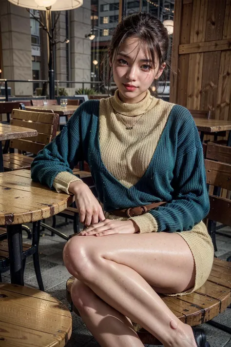 (realistic:1.3), finely detailed, quality, rembrandt lighting, (masterpiece:1.2), (photorealistic:1.2), (best quality), (detailed skin:1.3), (intricate details), dramatic, ray tracing, 1girl, japanese girl, 21 years old, detailed skin texture, (blush:0.5), (goosebumps:0.5), subsurface scattering, smiling, medium breasts, short hair curls, bangs, wearing jumper_dress, short dress, deep-v neck, large knit patterns, sitting, (indoors, tokyo, cafe, sandwich, cafe decorations), <lora:jumper_dress:0.7>