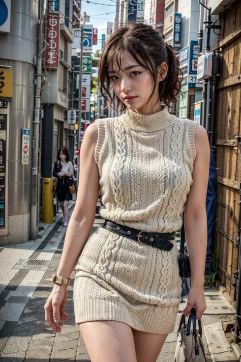 (realistic:1.3), finely detailed, quality, rembrandt lighting, (masterpiece:1.2), (photorealistic:1.2), (best quality), (detailed skin:1.3), (intricate details), dramatic, ray tracing, 1girl, japanese girl, 21 years old, detailed skin texture, (blush:0.5), (goosebumps:0.5), subsurface scattering, smiling, medium breasts, short hair curls, bangs, wearing jumper_dress, short dress, (sleeveless:1.2), large knit patterns, (outdoors, tokyo, street, strolling, bright sunny day), <lora:jumper_dress:0.7>