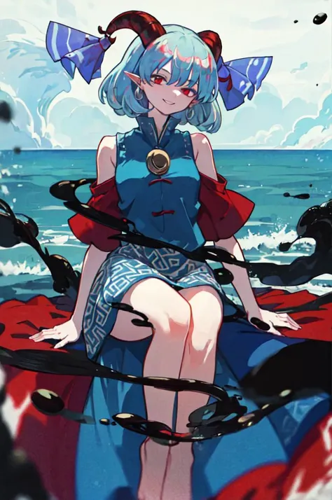 1girl, (((detailed eyes))), (((perfect face))), (((Solo))), ((detailed black oil sea, black oil background)), ((Yuuma Toutetsu, touhou)), ((red eyes)), ((silver hair, fluffy hair, short hair)), ((red goat horns with blue ribbons)), ((light blue dress)), thin waist, hourglass figure, ((short red sleeves)), ((short sleeves)), ((red sleeves)), (((shoulders))), ((looking at viewer)), ((barefoot)), grinning, evil,
