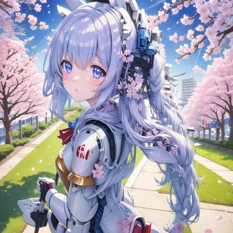 (cherry blossoms), city scene as background

[:sheg, blue eyes, (white and blue mech suit:1.4), (animal ears:1.2),  walking, looking over shoulder, back to viewers:0.2]

<lora:anySheg_v10:0.8>, beautiful woman, best quality, ultra high res, 8K, masterpiece, sharp focus,  clear gaze