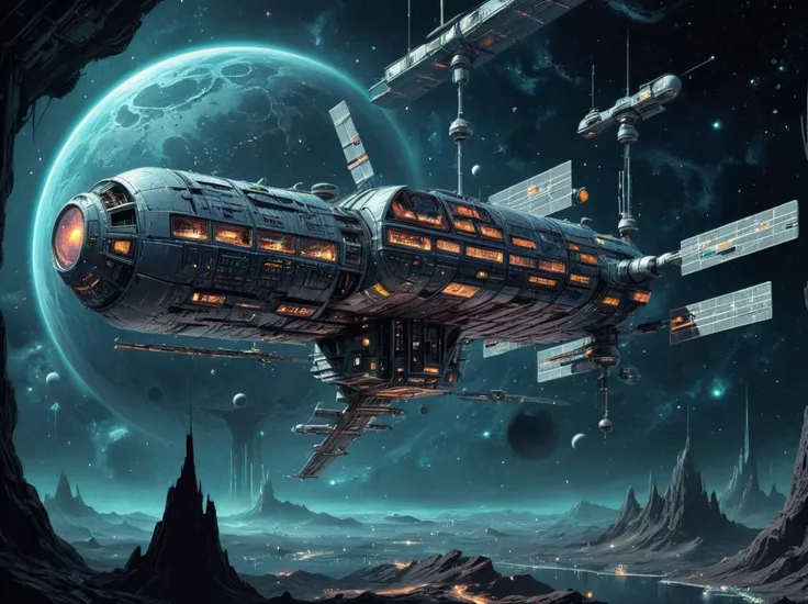 a mysterious colossal space station in the abyss OF SPACE, starblazer comics, stellar constellation, darkest night, 70s retro futurism, deep space sci-fi, incredible artistic composion, 8K, masterpiece, <lora:xl_more_art-full_v1:0.5>, <lora:FaeTastic:0.35> <lora:concept_art_syd_mead:0.6>