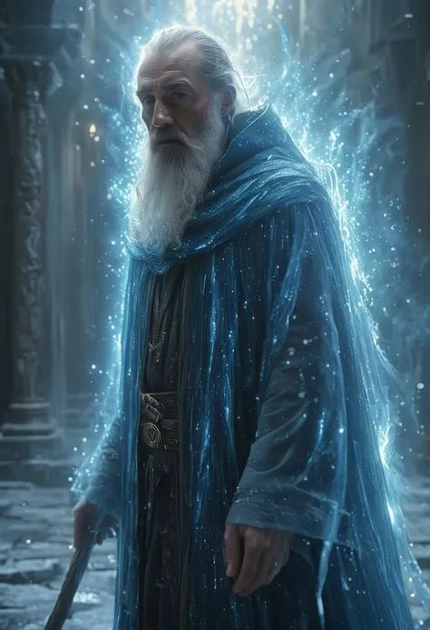 Astral Aura, (auralora:1.2), dark fantasy aesthetics, poster, centered composition, photography by Doug Aitken. A dark and moody face close-up of an old wizard standing in the halls of a temple ruins wearing a cloak is ((surrounded by sparks of ice shards)). The man has a long white beard and is holding a large magical staff that emits a bright blue light that shimmers on his face. Detailed face, detailed skin, skin texture, skin pores, (freckles:0.9). Dust particles, particle system. Gritty, raw, damp, liminal fog, shimmering light. A mesmerizing blend of light and shadows. <lora:Aurastronger_SDXL:1>, astral, colorful aura, vibrant energy