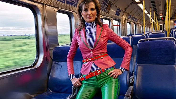 a 52 year old woman,wearing a pink leather blazer,wearing green leather pants with blue stripes,wearing a bright red belt,on a train,