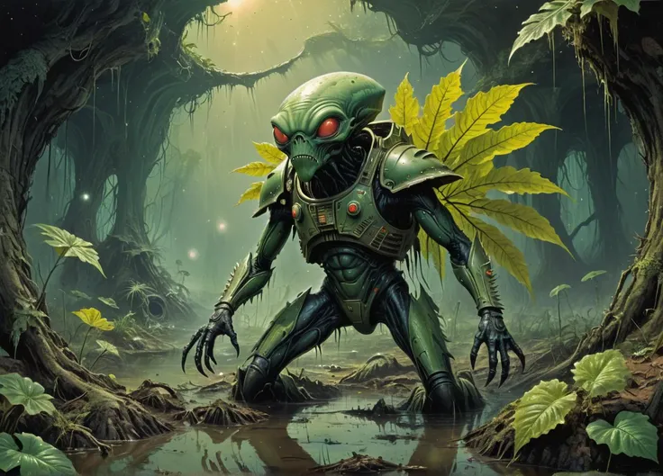 a bizarre alien in a swamp trench, enormous leaves, starblazer comics, Warhammer 40K, stellar constellation, 70s retro futurism, deep space sci-fi, incredible artistic composition, 8K, masterpiece, <lora:xl_more_art-full_v1:0.5>, <lora:FaeTastic:0.35> <lora:The_Dark_Side_of_the_Earth:0.4>