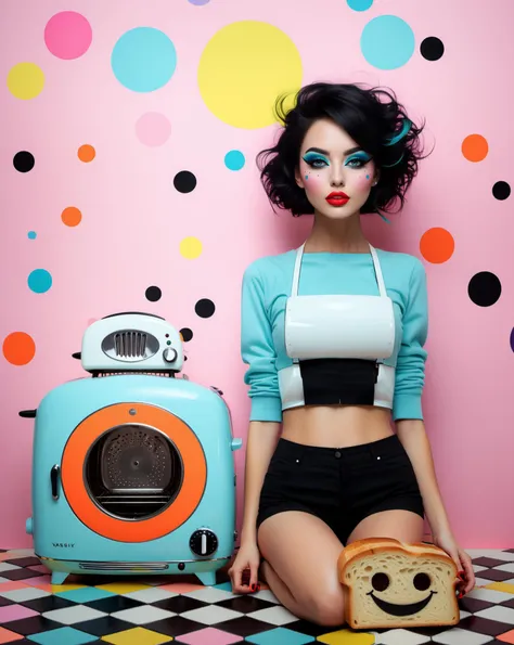 full body shot of a sausage-girl with a huge smile and eyes stands next to a toaster in which there is a frightened piece of bread, fairy tale, psychedelic, real estate, High-contrast lines, geometry, Vasily Kandinsky, full body shot, quilting paper, Ray Caesar, Nicoletta Ceccoli, Fragonard, Conrad Roset. Bright pastel colors. Incredibly detailed full body shot in rock-punk style. A masterpiece of the twentieth century. A perfect face with a neon concentric make-up, Intricate neon makeup, Glowing ceremonial markings at the wall, <lora:add-detail-xl:2>, <lora:xl_more_art-full-beta1:0.7>