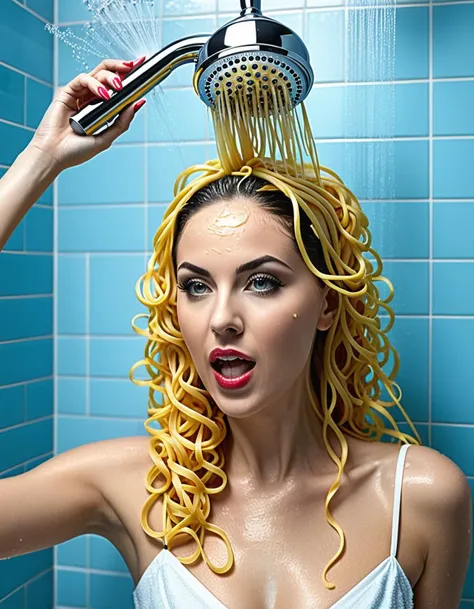 (Shower head that spits spaghetti:1.6), woman, pile of spaghetti (shampoo:1.2) on head, curlers, <lora:xl_more_art-full_v1_113467:1>