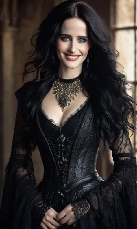 beautiful Eva Green dressed as Yennefer, big smile, dark makeup, hyperdetailed photography, soft light, waist high portrait, cover