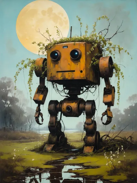 by Greg Tocchini and Jan van Kessel the Elder, (brown tones, aged yellowing paper, inkpunk, moonlight, ink stains, ink splashes, (an abandoned rusted robot ((lying on the ground)) in the Simon Stalenhag style reclaimed by nature, shutdown, ivy on the wings, broken window glass, (waterfalls), dramatic lighting, cinematic ,realism:1.5), surreal, swampy wetlands, at a distance, moonlit, lonely, solitude, consumed by wispy ribbons of wanderlust, windy, flowering vines wrapping and supporting, tall trees, willows, willowy:1.4), (big storm and waves at sea:1.4), (big storm and waves at sea:1.4), hyper detailed, poster art, bold lines, expressive drawing, award winning, (intricate details, masterpiece, best quality:1.4)
<lora:add-detail-xl:1> <lora:xl_more_art-full_v1:0.5> <lora:NicolaSamori:0.5> in the style of nicola samori