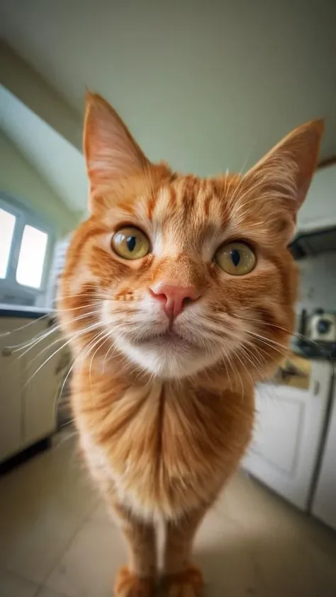 a red cat takes a selfie in the kitchen, in the style of fisheye effects, somber mood, strong facial expression, tilt shift