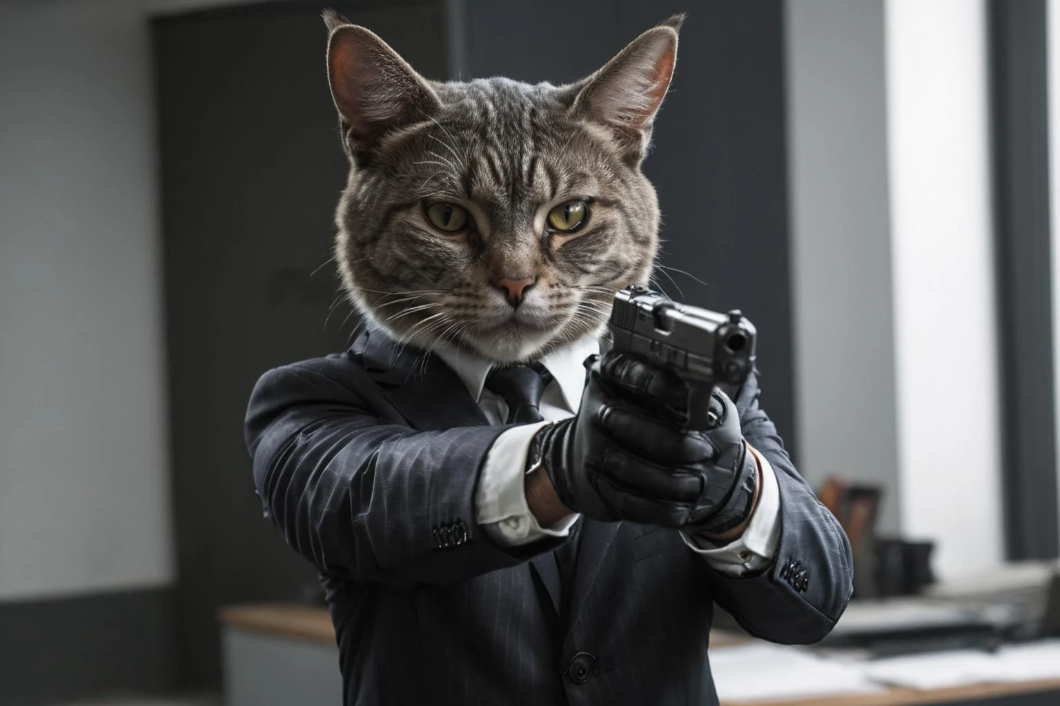 RAW photo of an anthro hitman cat in a suit, holding a pistol in his detailed hand, gloves, aiming outside, dark office, (masterpiece:1.2), best quality, (hyperdetailed, highest detailed:1.2), high resolution <lora:Pistolero:0.6>