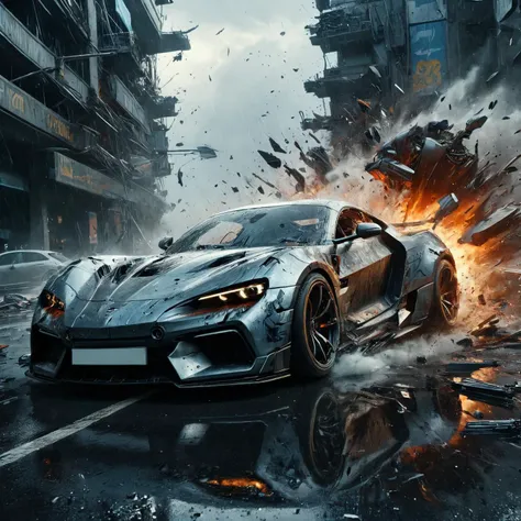 Dystopian style rain, reflections, In a futuristic city, amazing quality, masterpiece, best quality, hyper detailed, ultra detailed, portrait of a sports car, car explosion in the background, High detailed RAW color Photo, 8k, cinematic lighting, ral-vlntxplzn, <lora:ral-vlntxplzn:0.9> , <lora:add-detail-xl:0.8> <lora:LCMTurboMix_DPM_SDE_Karras:1> . Bleak, post-apocalyptic, somber, dramatic, highly detailed