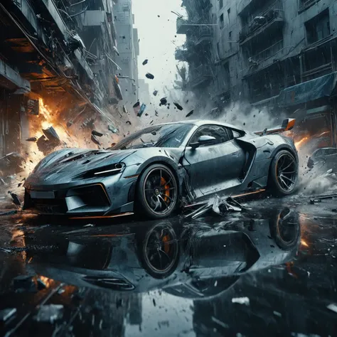 Dystopian style rain, reflections, In a futuristic city, amazing quality, masterpiece, best quality, hyper detailed, ultra detailed, portrait of a sports car, car explosion in the background, High detailed RAW color Photo, 8k, cinematic lighting, ral-vlntxplzn, <lora:ral-vlntxplzn:0.9> , <lora:add-detail-xl:0.8> <lora:LCMTurboMix_DPM_SDE_Karras:1> . Bleak, post-apocalyptic, somber, dramatic, highly detailed