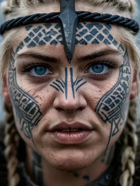 Close-up of a battle-hardened female Viking berserker, weathered face adorned with intricate Nordic tattoos, scars earned in countless conflicts tell stories of victories and defeats, piercing blue eyes reflecting the fierceness of a warrior, 100mm f/2.8 macro lens capturing the grit and determination, gritty authenticity, 8K resolution