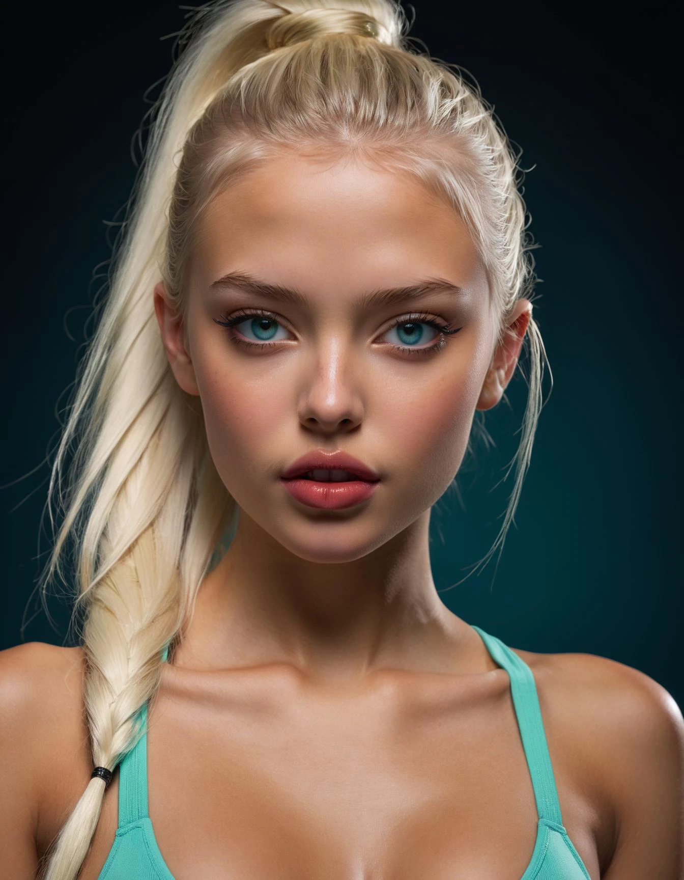 German 18 year old amateur model, perfect athletic body, perky breasts , extremely realistic and detailed skin texture, insanely clear and detailed eyes, glossy lipstick, full lips, cute small flawless nose, straight white hair, Ponytail , teal eye color, beautiful face features,
professional photograph by Bunny Yeager and Tatiana Ivanova , (sensual , seductive , masterful:1.4), extremely realistic photography, bold lines, hyper detailed, expressive, award winning, (scenery:1.4), (intricate details, masterpiece, best quality:1.4),
looking at viewer, dynamic pose, wide angle view, dark limited palette, key lighting ,
ISO 300, 1/250s, F/2,8, 38 mm, extremely high quality RAW photograph, intricate, exquisite details and textures, highly detailed, ultra detailed photography, 4k, sharp focus, high resolution, 8k UHD, DSLR, high quality, film grain, Fujifilm XT3, looking at viewer, dynamic pose, wide angle view, dark limited palette, low key lighting,
<lora:add-detail-xl:1> <lora:xl_more_art-full_v1:0.5> <lora:looking_at_viewer:2>