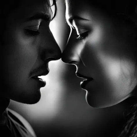 image of two mouths kissing, a man and a woman,dark path through the forest, heading towards a magic gate.black and gray gradient, hazy, realistic, 8k resolution, Unreal Engine, cinemati. close up only on the mouths
