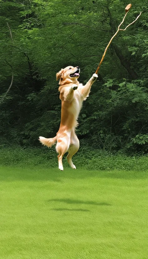 Golden retriever jumping to catch a stick