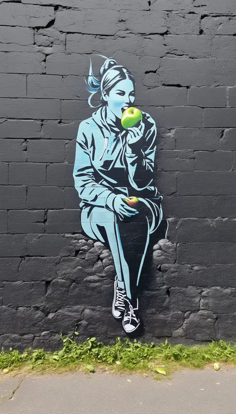 graffiti of a woman eating an apple in a wall, street art, vibrant, urban, detailed, tag, mural