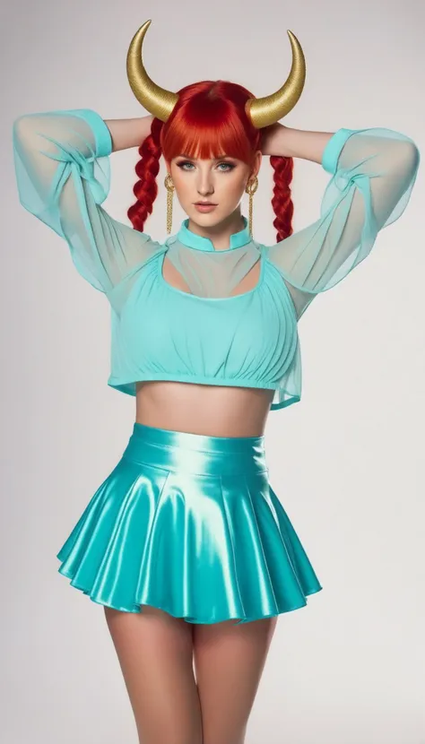 1girl, solo, back light, rainbow, aqua eyes, fake horns, red hair, long hair, crop top, jewelry, horns, veil, bracer, brooch, puffy long sleeves, skirt, bangs, low twintails, puffy sleeves, neck ring, gold trim, parted bangs, arm up, blue skirt, hair ornament, detached sleeves, floating hair, gem, hair flower, blue gemstone